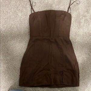 Reformation brown linen mini dress halter straps front slit